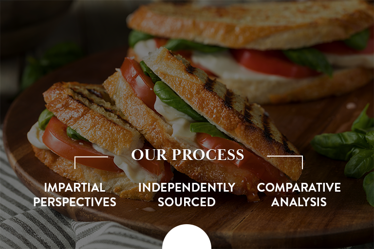 Compare Diets Header - picture of a healthy panini overlaid with a brief note on our process, which includes impartial perspectives, independently sourced, comparative analysis